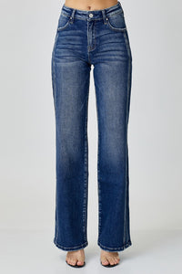 RISEN Mid Rise Dark Wash Seam Detail Straight Jeans