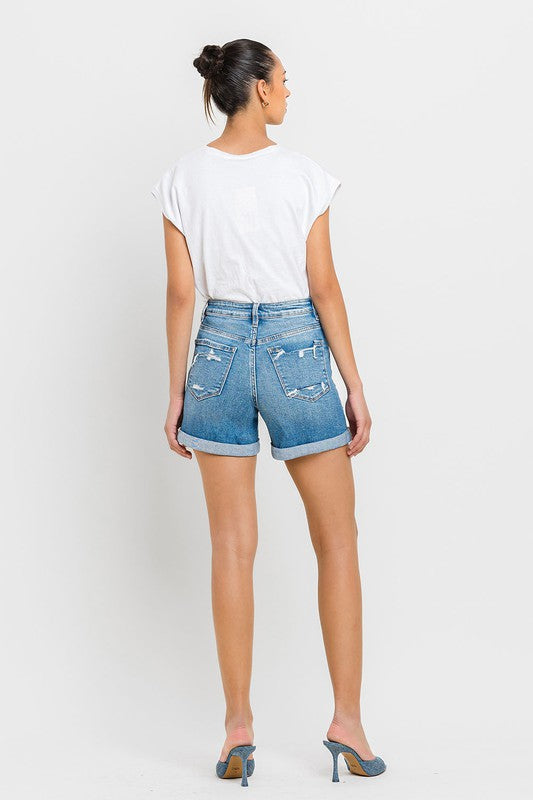 VERVET High Rise Patched Distressed Double Cuff Denim Shorts