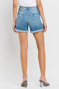 VERVET High Rise Patched Distressed Double Cuff Denim Shorts