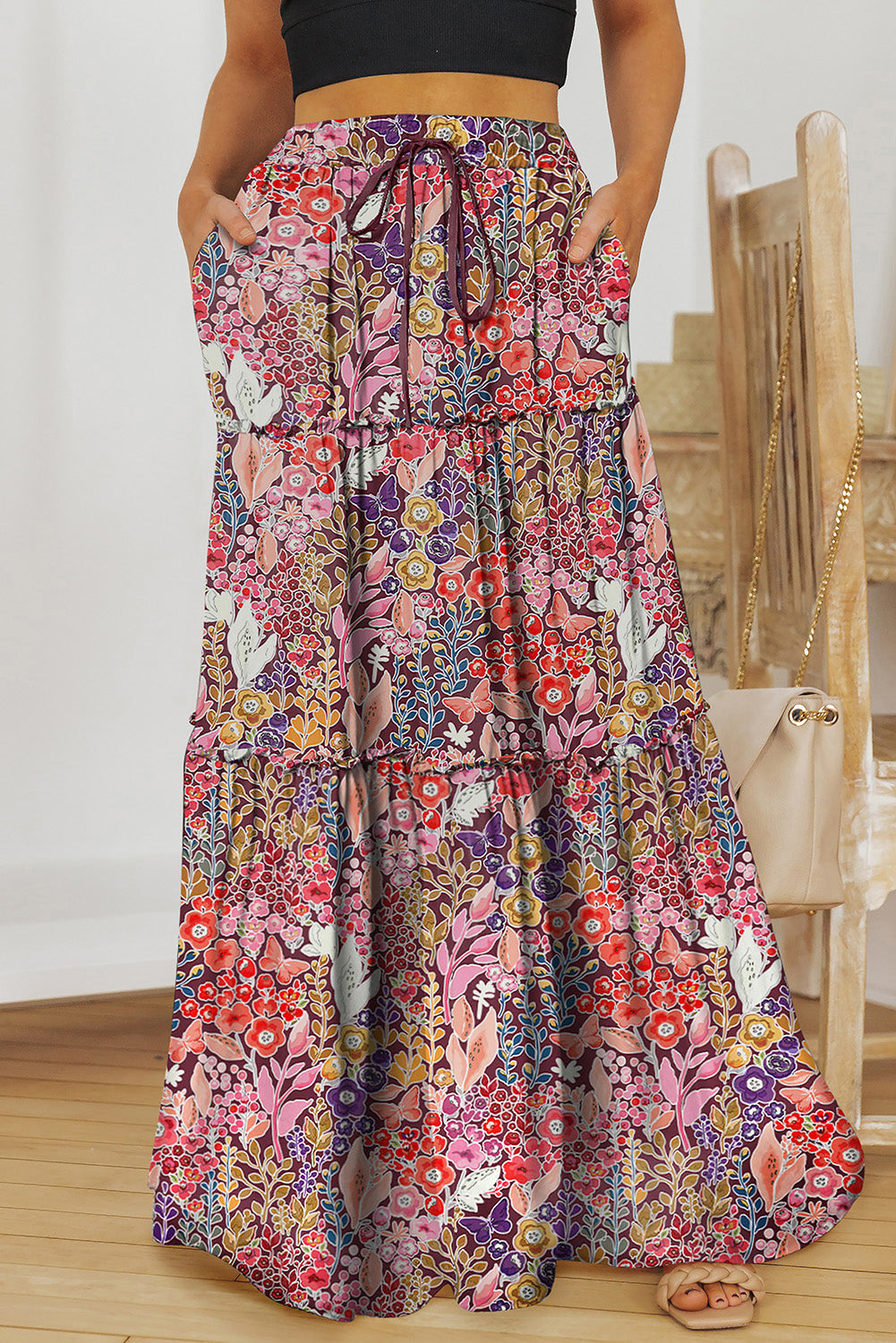 Butterfly Fields Floral Tiered Maxi Skirt