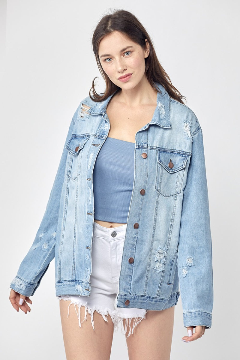RISEN Light Wash Relaxed Fit Distressed Denim Jacket