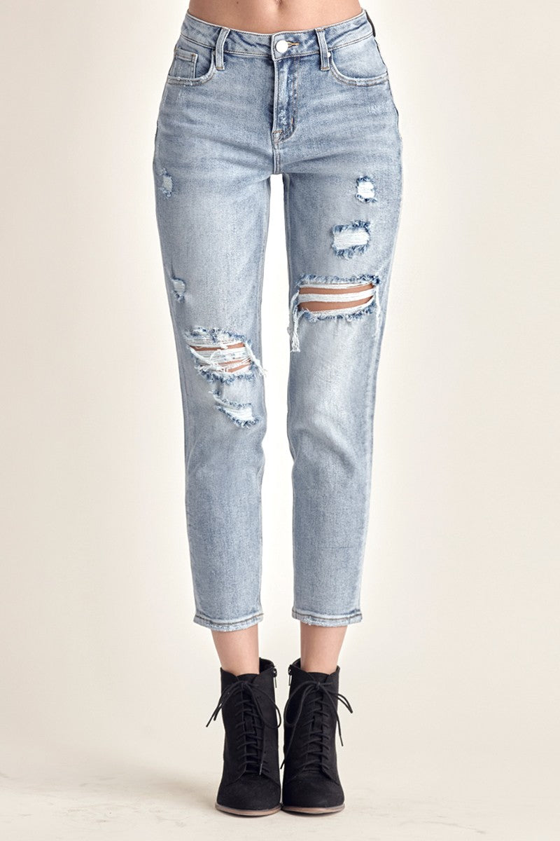 RISEN Distressed Light Wash Slim Tapered Cropped Jeans
