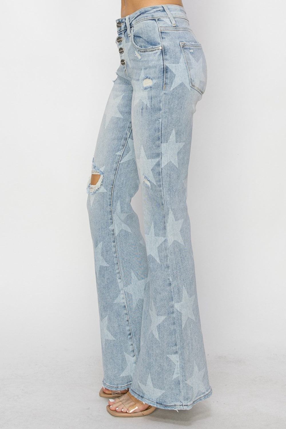 RISEN Mid Rise Button Fly Star Print Flare Jeans