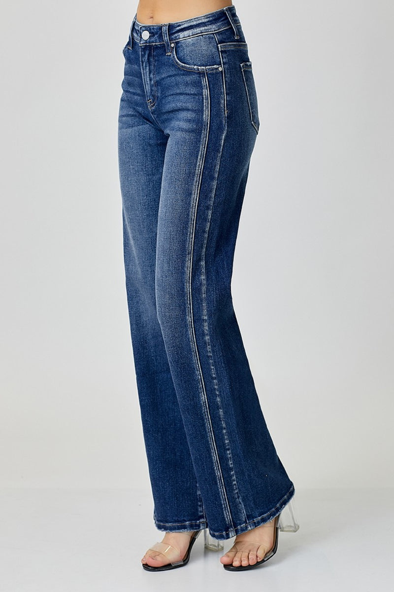 RISEN Mid Rise Dark Wash Seam Detail Straight Jeans