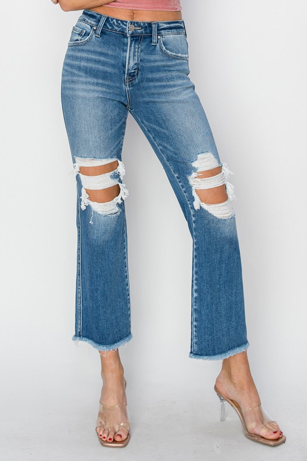 RISEN Mid Rise Distressed Cropped Flare Jeans