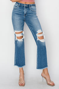 RISEN Mid Rise Distressed Cropped Flare Jeans