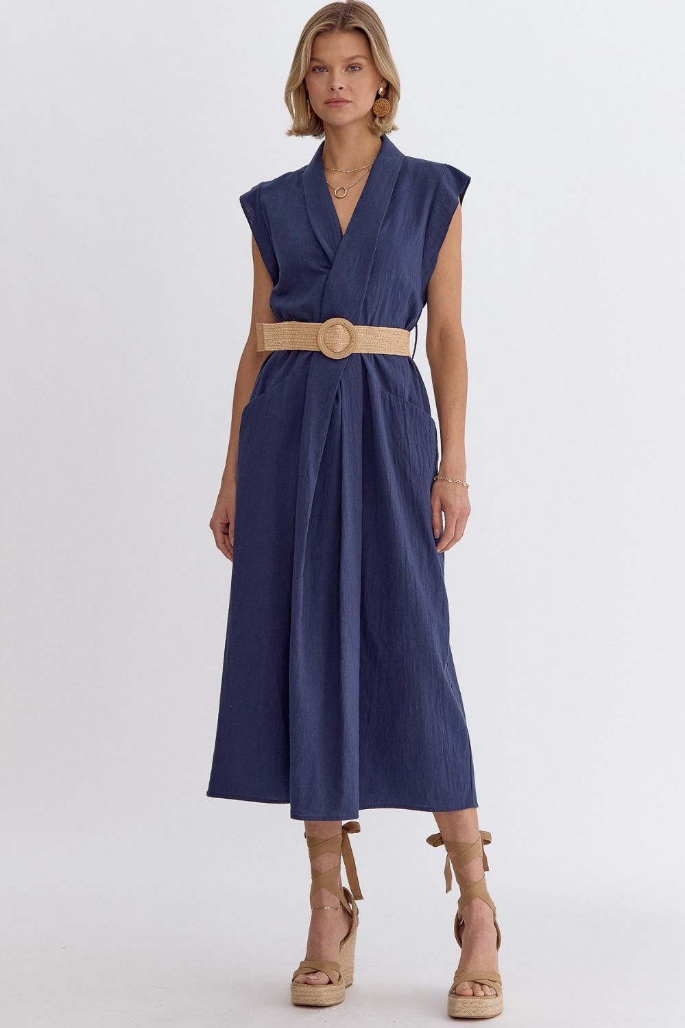 The Diana Navy Cotton Belted Midi Dress