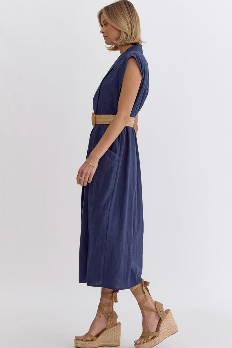 The Diana Navy Cotton Belted Midi Dress