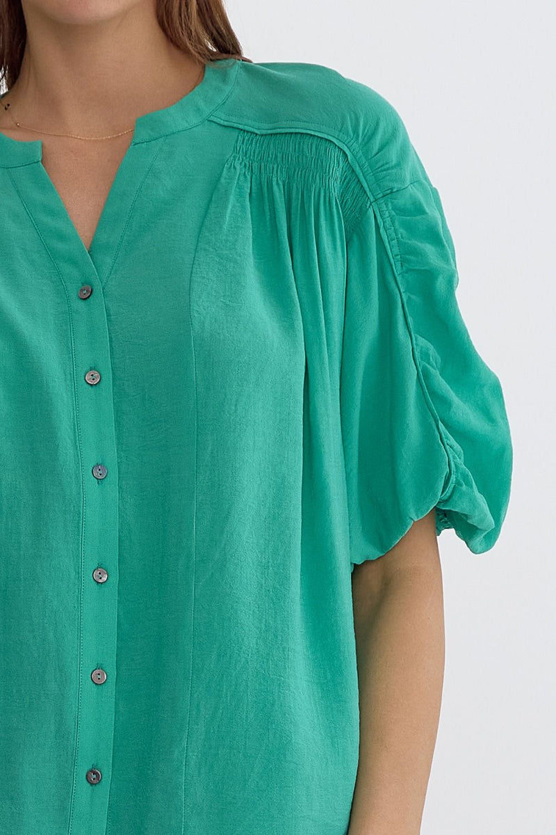 Jade Green Short Sleeve Button Up Top