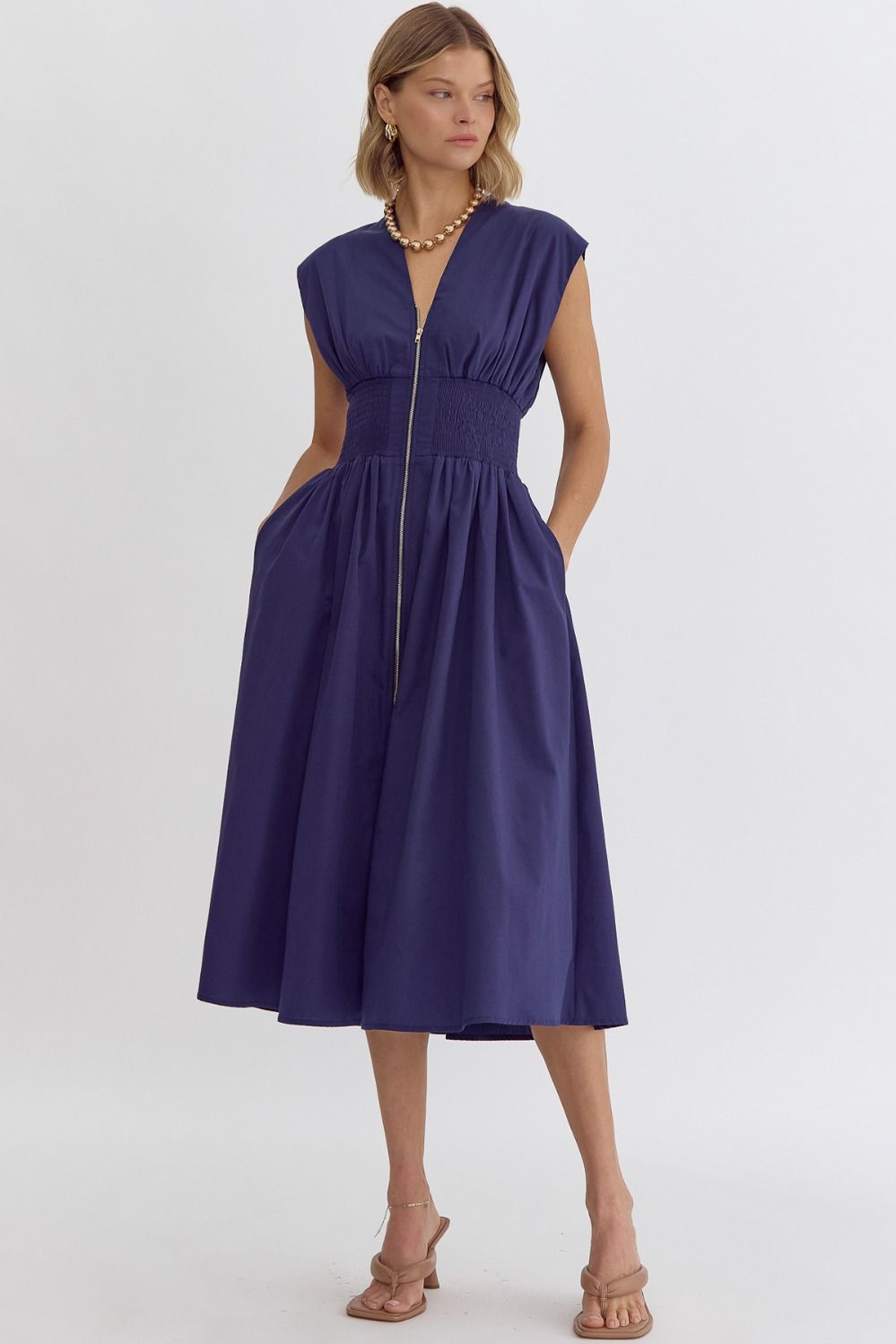 Chambray Ruched Waist Front Tie Midi Dress