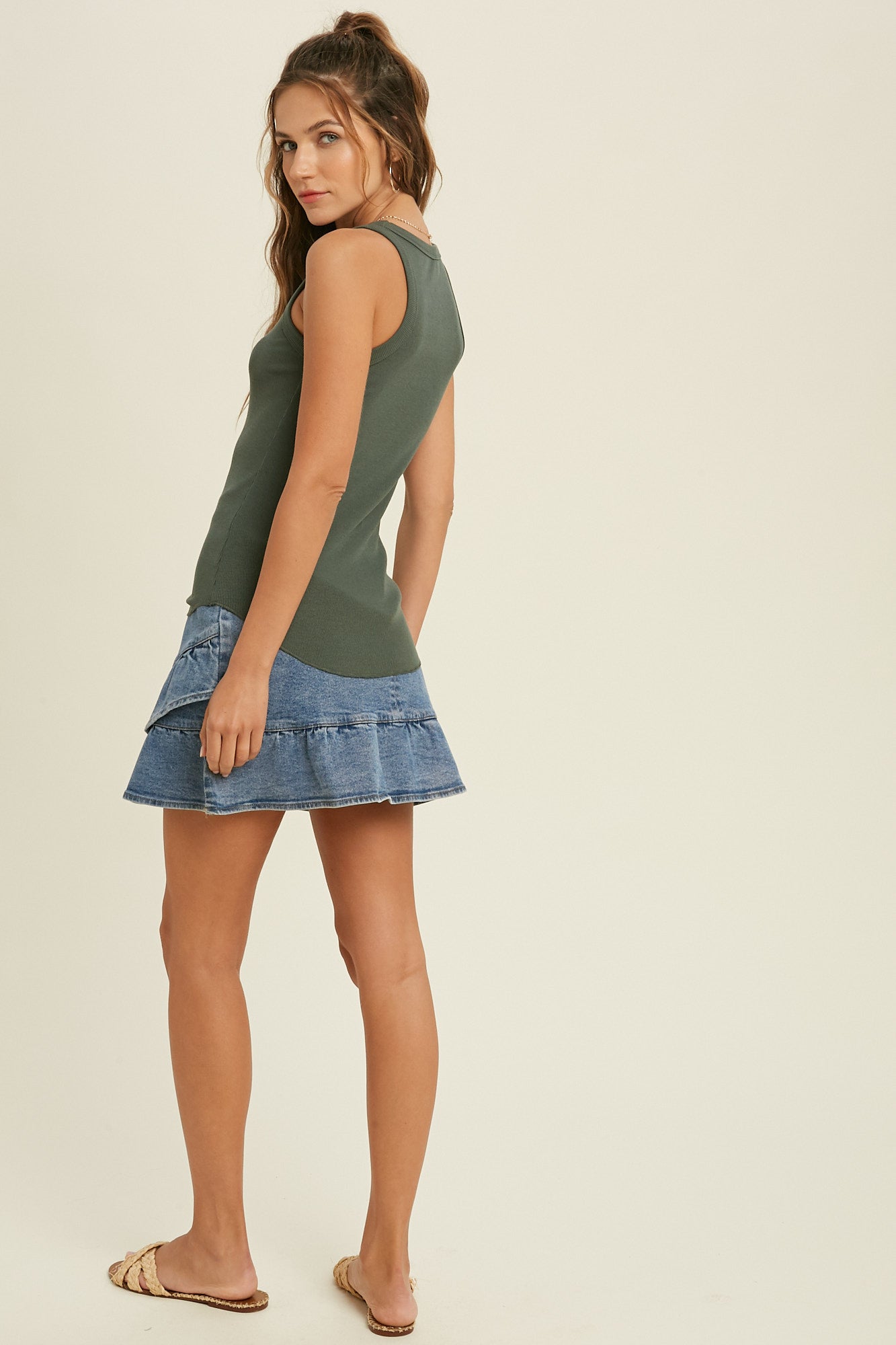 Ribbed Round Neck Tank - Green