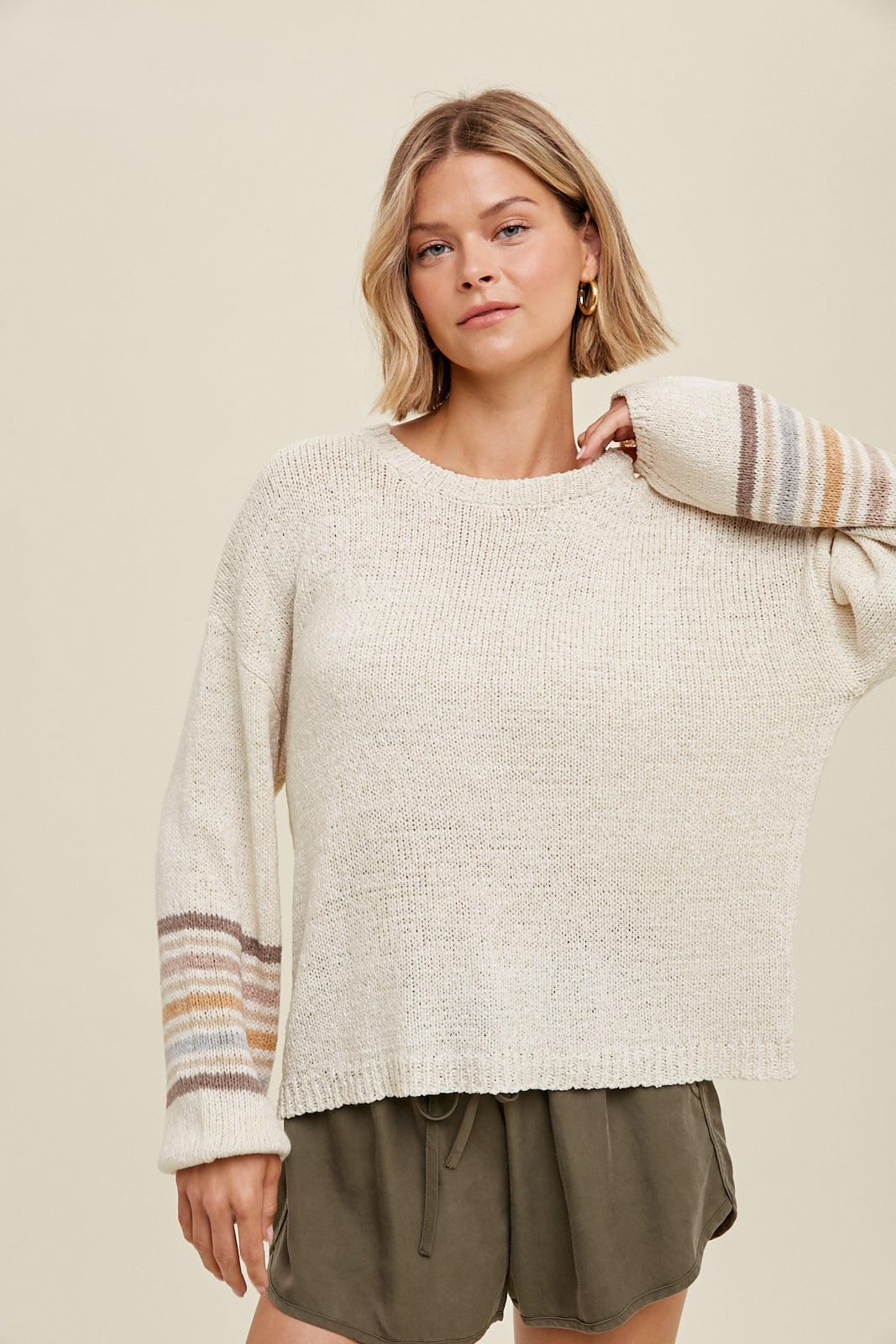 Delilah Lightweight Knit Pullover Sweater w/ Multi Striped Sleeve