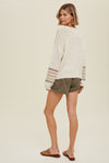 Delilah Lightweight Knit Pullover Sweater w/ Multi Striped Sleeve