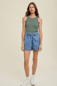 Ribbed Knit Cropped Round Neck Tank - Dark Sage