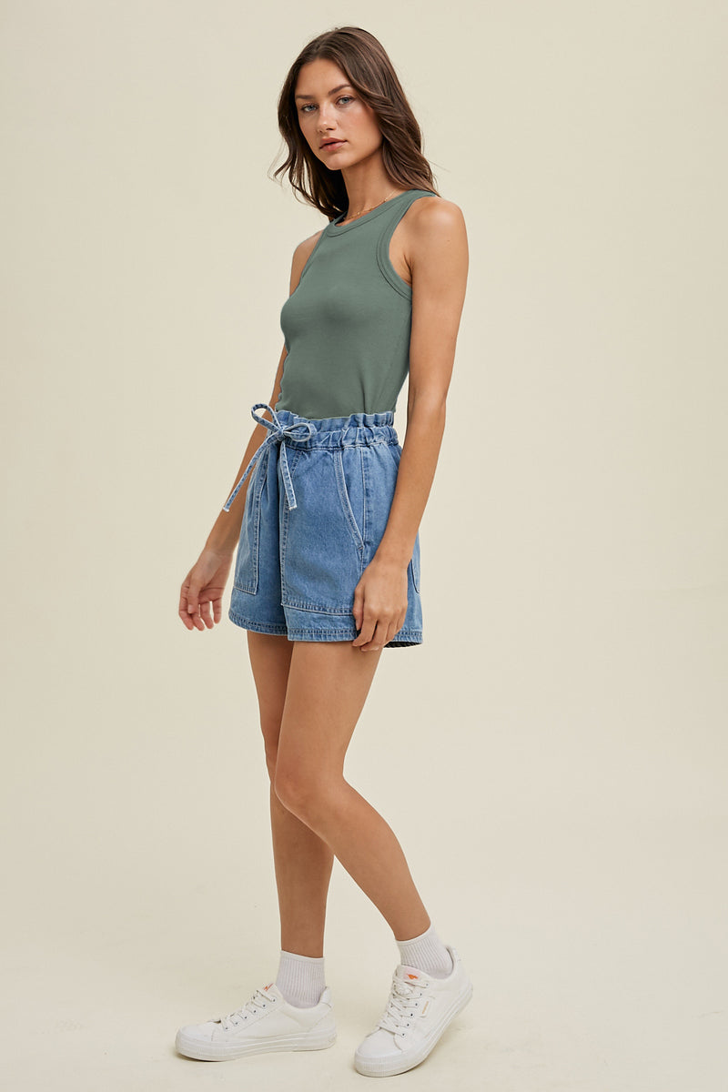 Ribbed Knit Cropped Round Neck Tank - Dark Sage