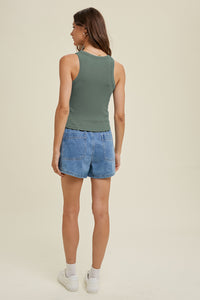 Ribbed Knit Cropped Round Neck Tank - Dark Sage