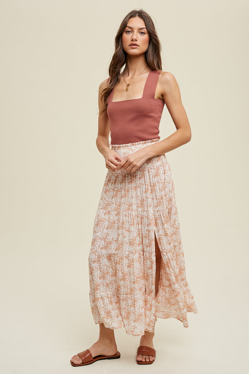 Milk Tea Tiered Smocked Waist Midi Skirt