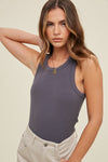 Ribbed Knit Cropped Round Neck Tank - Charcoal