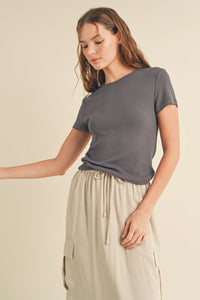 Wishlist Ribbed Round Neck Knit Short Sleeve Top