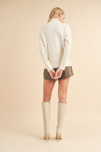 Millie Mock Neck Sweater Top - Ecru colored mock turtleneck lightweight sweater.