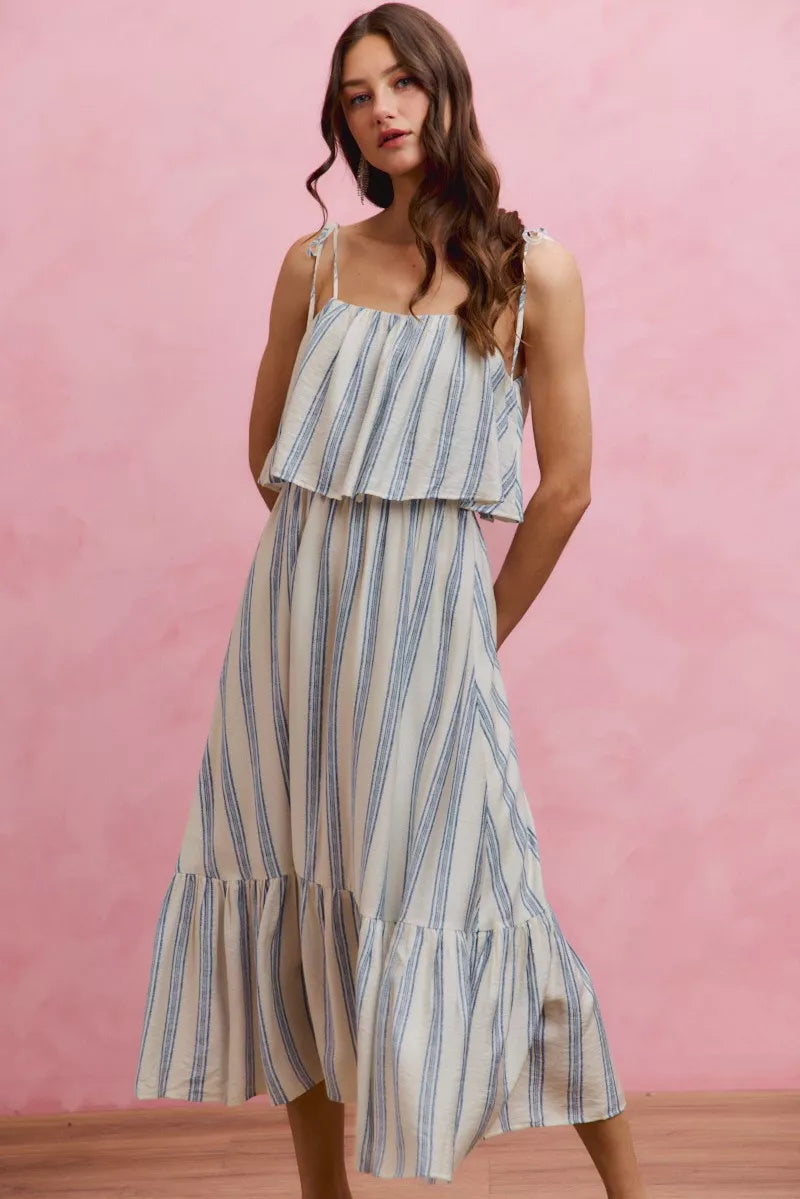 So Me Nautical Stripe Tiered Shoulder Tie Midi Dress