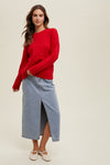 Cherry On Top Cable Knit Sweater: a classic piece designed with a round neckline, drop shoulder and ribbing at the cuffs and hemline. True red casual sweater with cable detail.