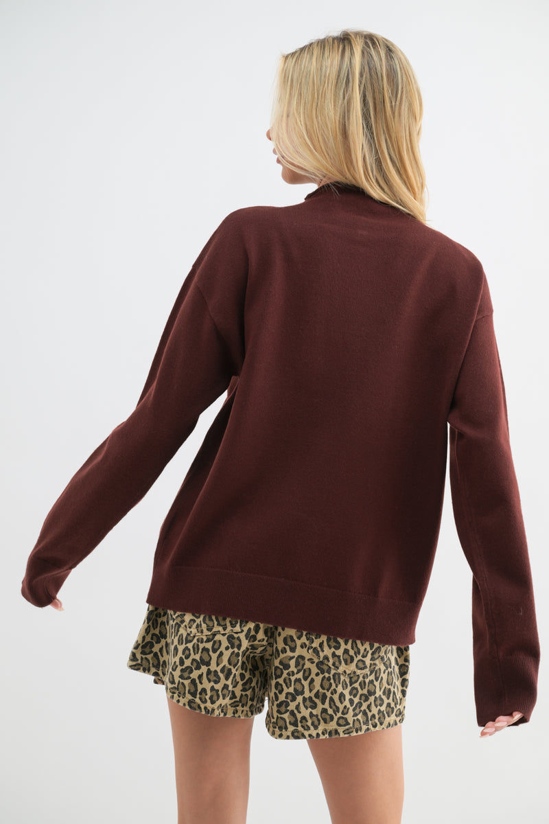 Millie Mock Neck Sweater Top - Wine colored mock turtleneck lightweight sweater.