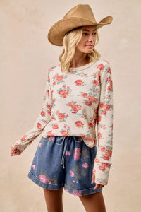 Bibi Floral Print Washed Waffle Knit Thermal Top