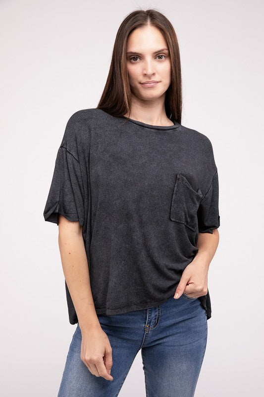 Mineral Washed Ribbed Cuffed Short Sleeve Round Neck Top