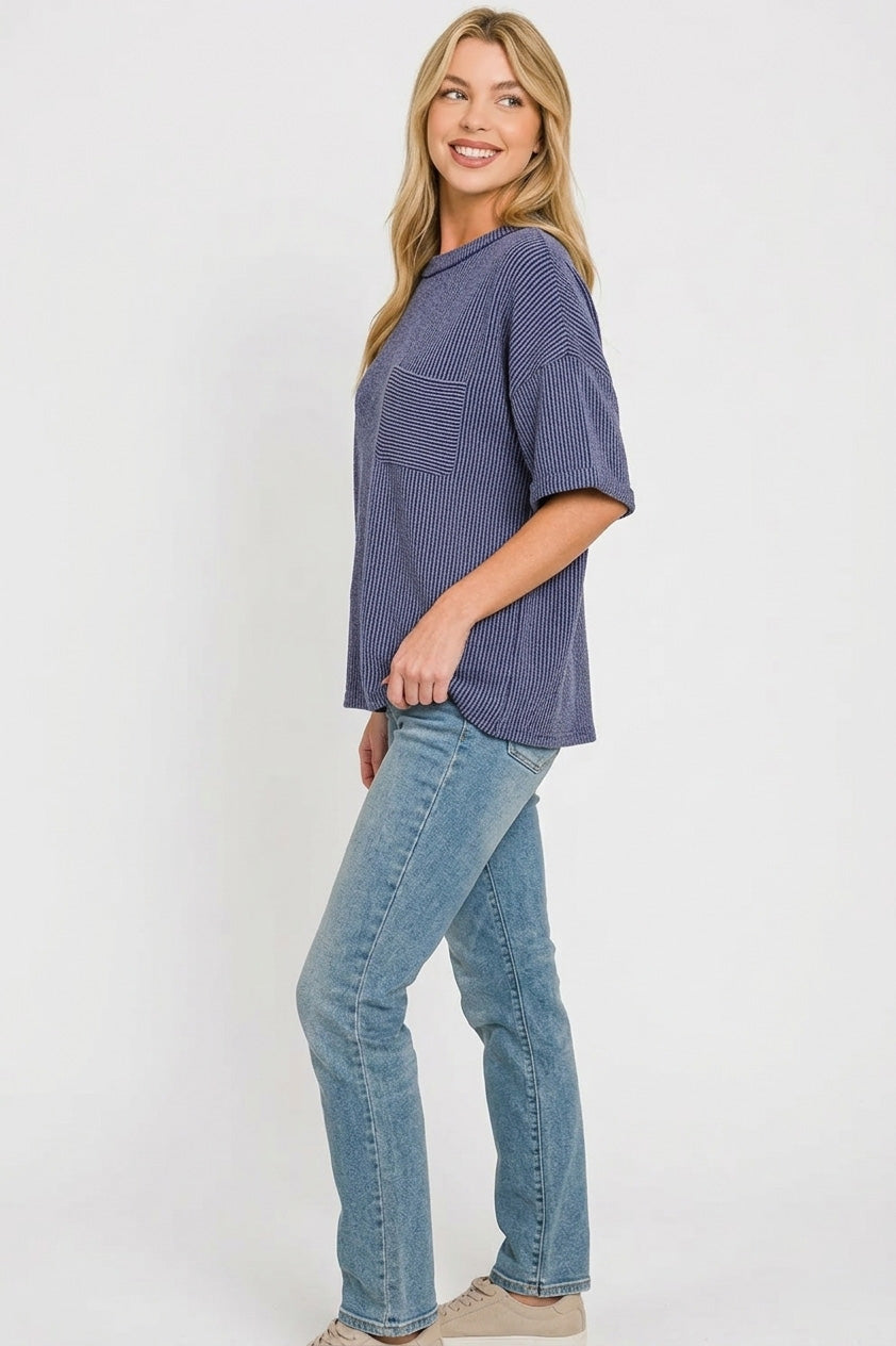 Zenana Raised Rib Short Sleeve Front Pocket Tee in Navy