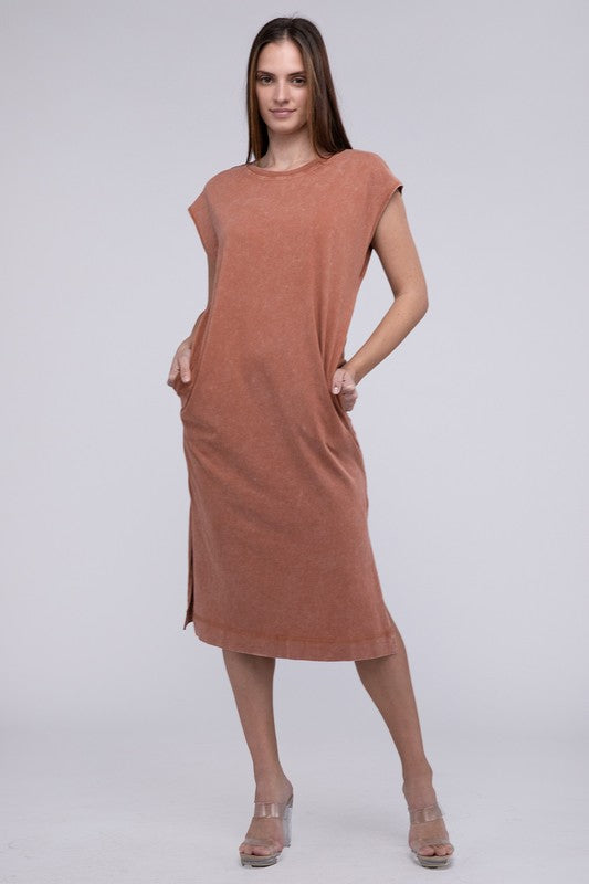  Mineral Washed Casual Comfy Midi Dress