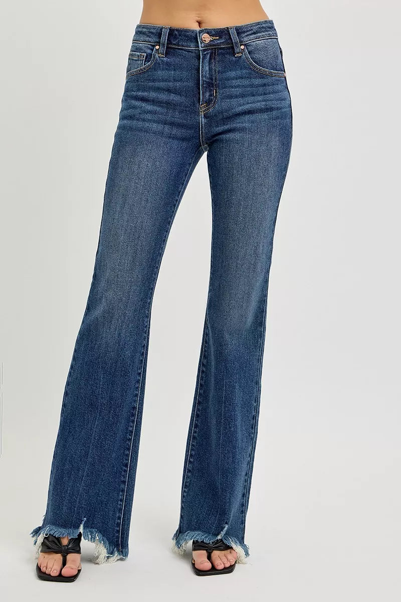 Risen Mid Rise Dark Wash Frayed Hem Flare Jeans