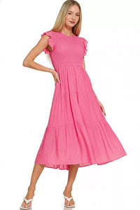 Zenana Woven Smocked Ruffle Sleeve Midi Dress in Fuchsia