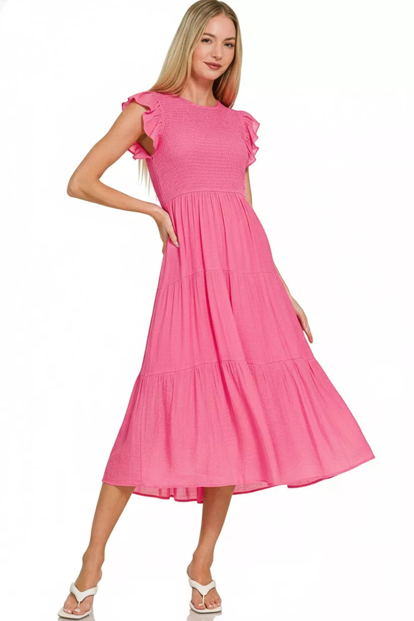 Zenana Woven Smocked Ruffle Sleeve Midi Dress in Fuchsia