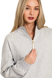Zenana Quarter Zip Fleece Sweatshirt in Heather Grey
