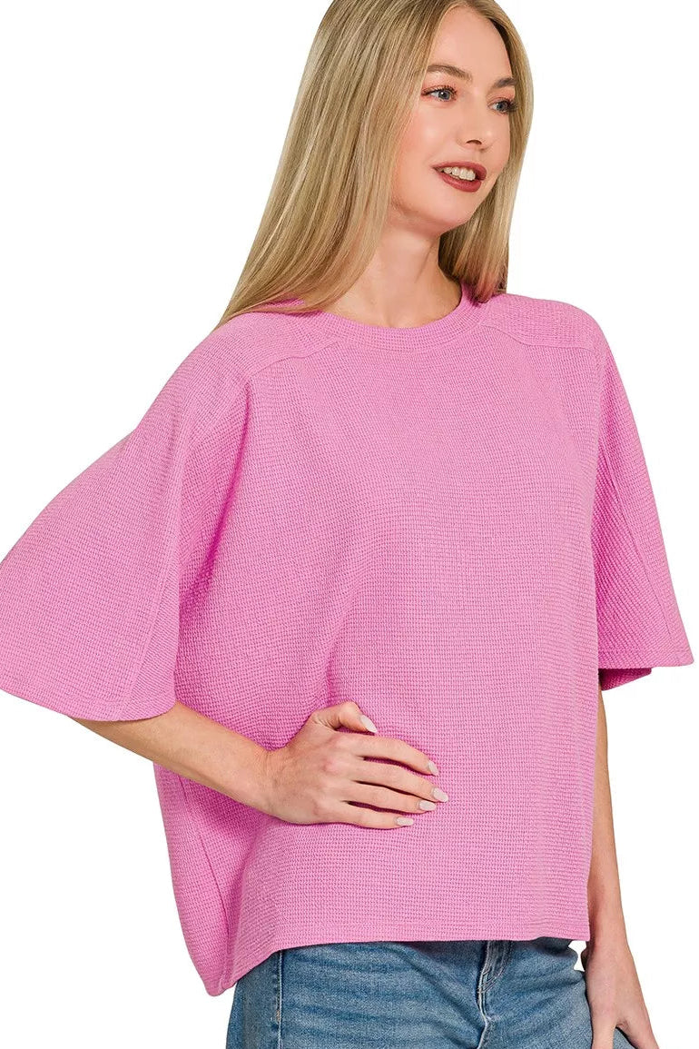 Zenana Double Knit Short Sleeve Top in Candy Pink