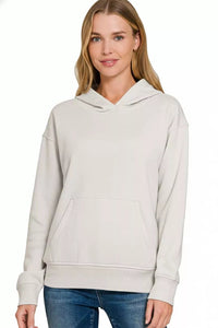 Zenana Fleece Kangaroo Pocket Hoodie in Bone