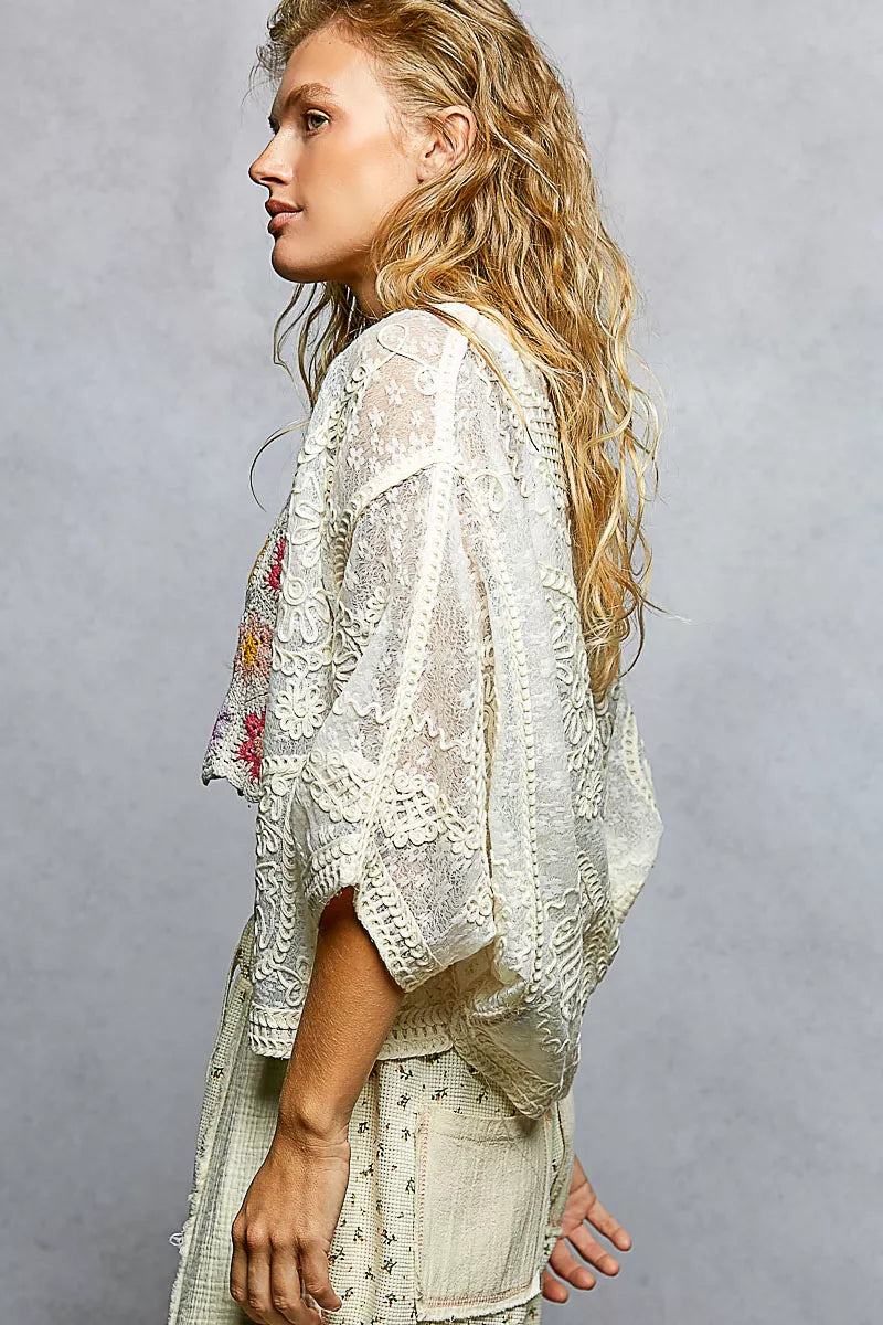 POL Open Front Crochet Cardigan with Floral Embroidery