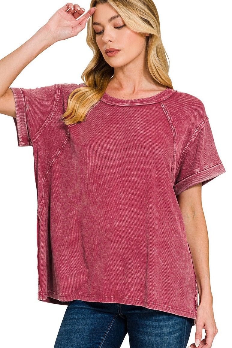 Washed Ribbed Cuffed Short Sleeve Knit Top in Cabernet
