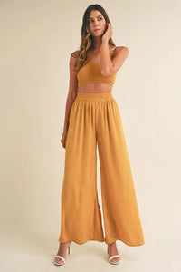 Mable Smocked Bralette Crop Top and Wide Leg Pants Set in Gold Mustard