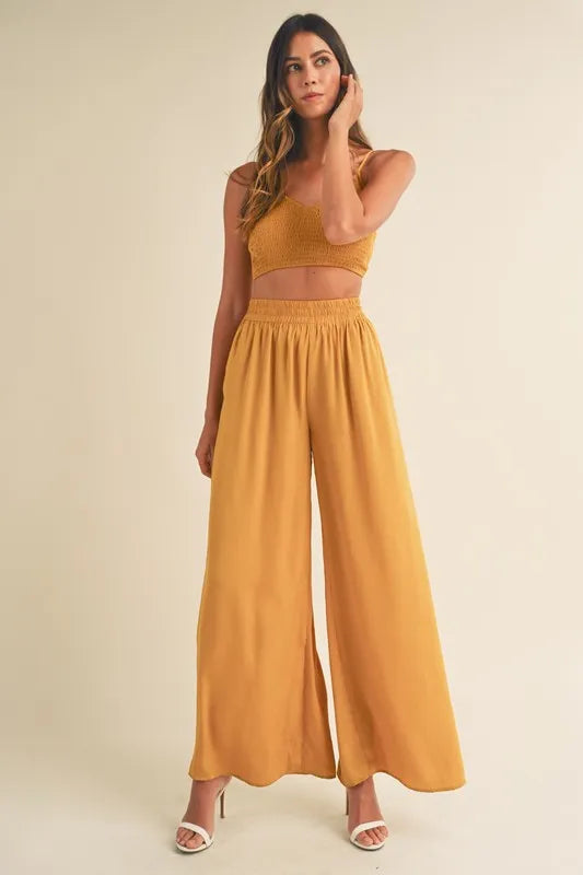 Mable Smocked Bralette Crop Top and Wide Leg Pants Set in Gold Mustard