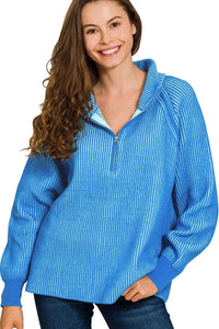 Zenana Ribbed Two Tone Half Zip Sweater in Ocean Blue/Sky Blue