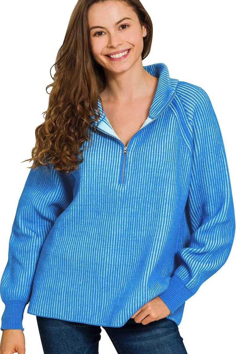 Zenana Ribbed Two Tone Half Zip Sweater in Ocean Blue/Sky Blue