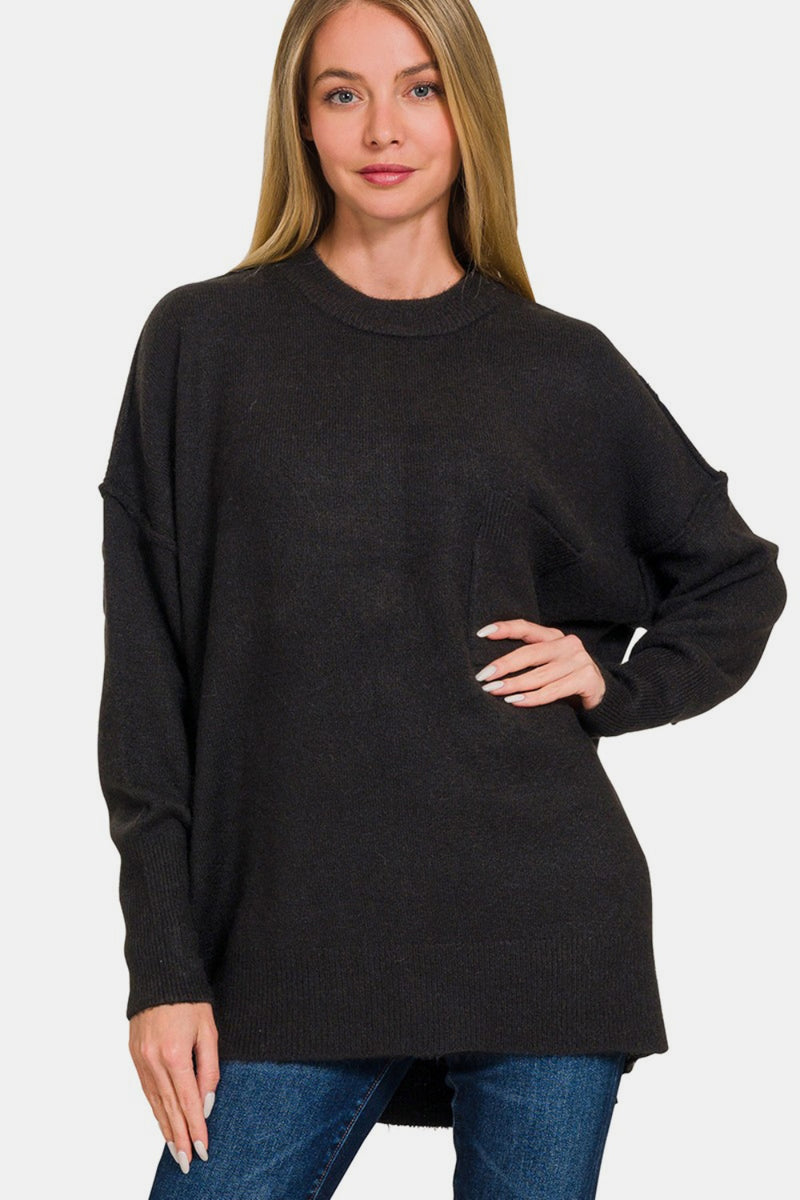 High-Low Hem Drop Shoulder Melange Sweater - Black