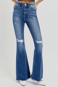 RISEN High Rise Distressed Raw Hem Flare Jeans