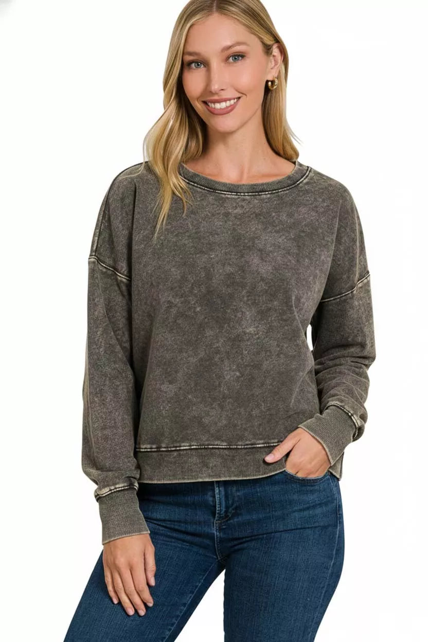 French Terry Acid Wash Boat Neck Sweatshirt