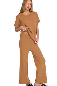 Sweater Knit Short Sleeve Top & Pants Set in Deep Camel