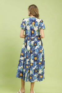 Umgee Blue Tropical Floral Flutter Sleeve Tiered Midi Dress