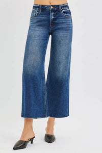 Risen Mid Rise Crop Wide Leg Raw Hem Jeans