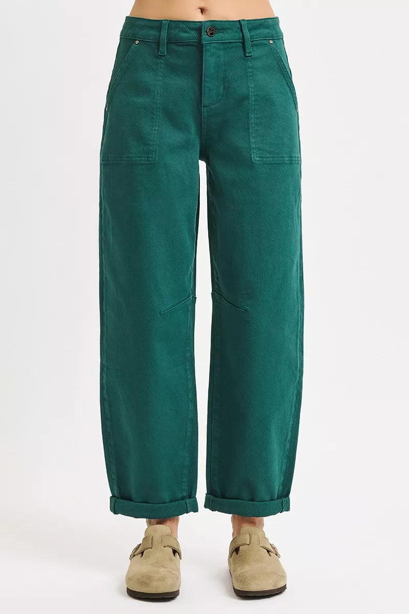 Risen High Rise Hunter Green Ankle Cuffed Barrel Pants